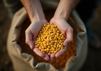 Hands holding grains of yellow seeds over a burlap sack filled with more seeds