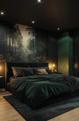 Dark, moody bedroom with forest mural