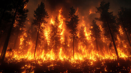 Inferno Wildfire Engulfs Coniferous Forest at Night