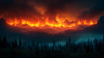 Fiery Inferno Wildfire Engulfs Mountain Range at Night