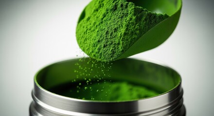 Close-up of vibrant green powder being scooped into metal container