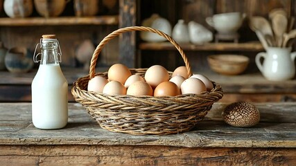 A rustic kitchen scene featuring a woven basket filled with fresh eggs beside a glass bottle of milk on a wooden table, with vintage kitchenware in the background - Powered by Adobe
