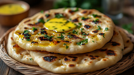 Delicious Homemade Naan Bread with Melted Butter and Herbs