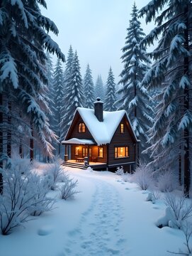 Winter cabin in the woods wallpaper