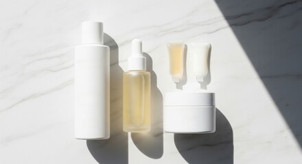 Minimalist skincare bottles and jars on white marble surface with natural light