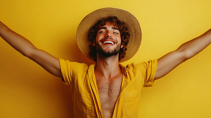 Joyful Man with Arms Outstretched Against Yellow Background