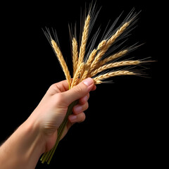 Human hand holding a bunch of golden wheat ears against a black background