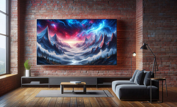 Gro&szlig;er, moderner Fernseher an einer rustikalen Backsteinwand in einem modernen Wohnraum