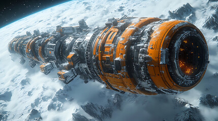 Futuristic Spaceship Orbiting a Snow-Covered Planet