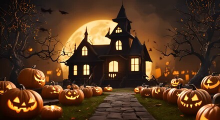 halloween background with pumpkin and creepy house - Powered by Adobe