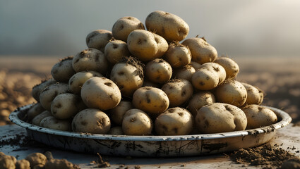 Piled freshly harvested potatoes on a round tray in an agricultural field