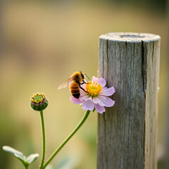 Honeybee collecting nectar from a pink flower near a wooden post in a sunny garden