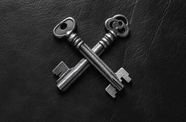 A set of keys is arranged in the shape of an X on a black leather background