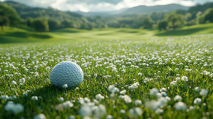 Golf Ball on a Fairway with Blooming Flowers and Mountain View