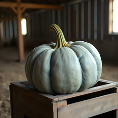 Large blue pumpkin resting on a wooden crate in a rustic barn
