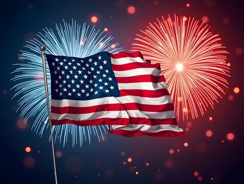 Patriotic 4th of July Banner Design USA Flag Firework Backdrop