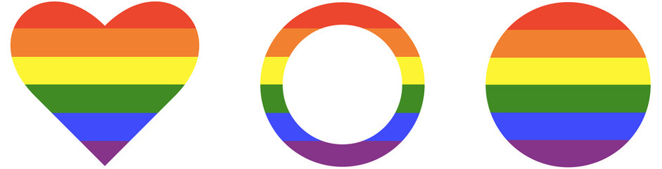 LGBT circle icons set. Gay pride frames, progress logo symbols, rainbow flag . Set of stickers in rainbow colors. Round, heart badge, button.