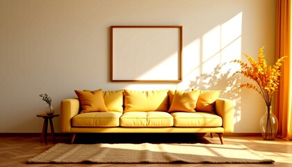 an inviting living room bathed in natural sunlight streaming through a window. dominating the space is a large, l shaped beige sofa facing a modern wooden coffee table adorned with decorative items