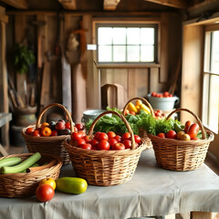 Freshly harvested vegetables and fruits in baskets on a rustic kitchen table