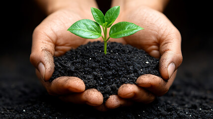 Protecting the Planet Hands Gently Holding a Young Sprout in Rich Soil