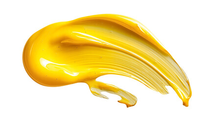 Abstract yellow oil paint stroke stain or vibrant lipstick smear, showcasing a textured, artistic smudge, isolated