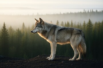 Obraz premium wolf standing on rocky outcrop in forest.