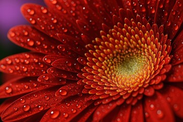 red flower with droplets of water on its petals.