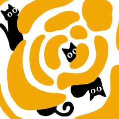 Black cats navigating an orange maze, abstract and fun