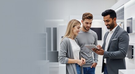 Indian man sales representative shows digital tablet to happy caucasian man and woman customer in store. Retail and trade communication, with copy space