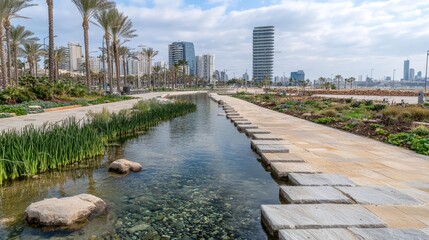 Urban park walkway lined with water feature.