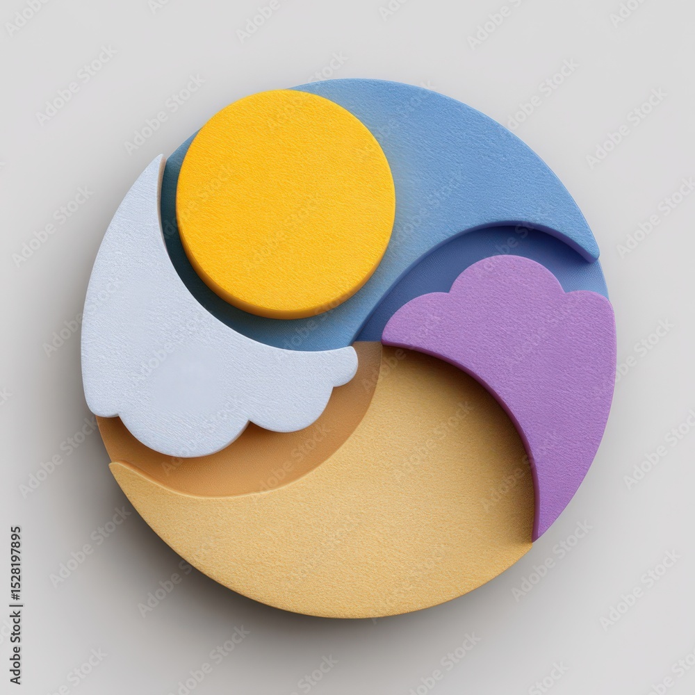 Poster abstract design featuring colorful sun and cloud shapes in a circular arrangement showcasing vibrant