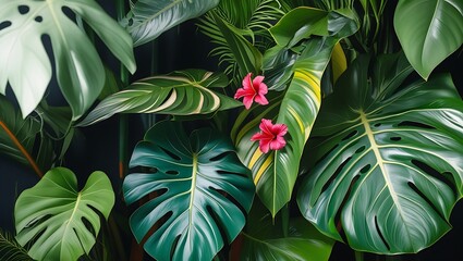 Lush Tropical Foliage Vibrant Green Leaves and Pink Flowers