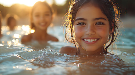 Happy Girl Swimming in Ocean Water at Sunset with Friends in Background