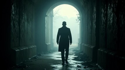 Mysterious figure walks through a dark, foggy tunnel at dawn in a haunting atmosphere