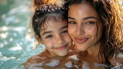 Joyful Mother and Daughter in a Pool