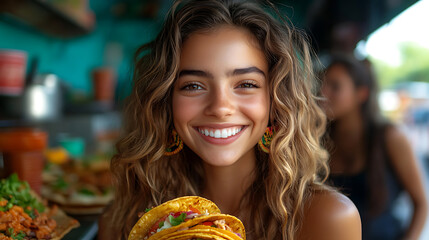 Young Woman Smiling with Delicious Tacos at a Food Truck
