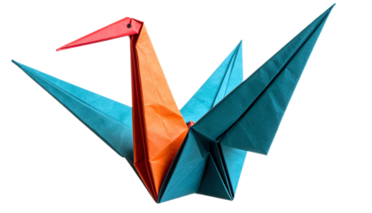 A colorful origami crane with a striking red and blue design, showcasing intricate folding techniques and artistic expression