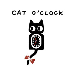 Cute black cat shaped clock with red bow, 'CAT O'CLOCK'
