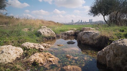 Shallow stream bordered by rocks in a grassy area.