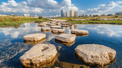 Large, light-colored stones form a path across a calm body of water.