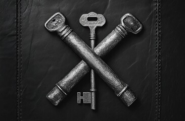 A set of keys is arranged in the shape of an X on a black leather background