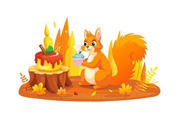 Cute squirrel with birthday cake and cupcake in autumn setting