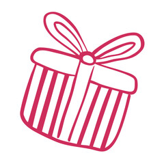 Scribble gift box with bow in doodle style. Perfect for design of holiday banners and stands, gift shop logo, greeting cards