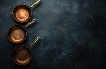 A set of three copper pots and pans with golden handles on a dark background