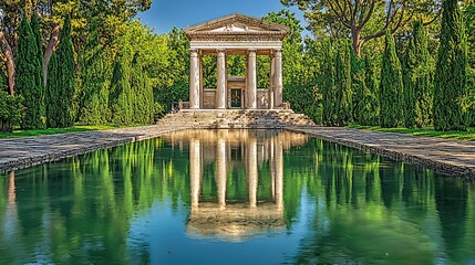 Calm reflection of a classical structure in a serene pool.