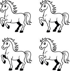 Four adorable cartoon horses, ready for coloring, playfully posed in a repeating pattern