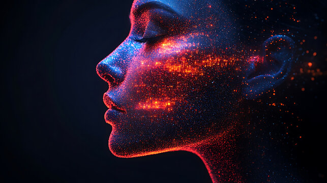 Abstract Portrait of a Woman Composed of Glowing Particles, Digital Art, AI Generated