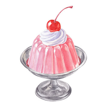 Watercolor gelatin dessert decorated whipped cream and cherry in vintage silver bowl