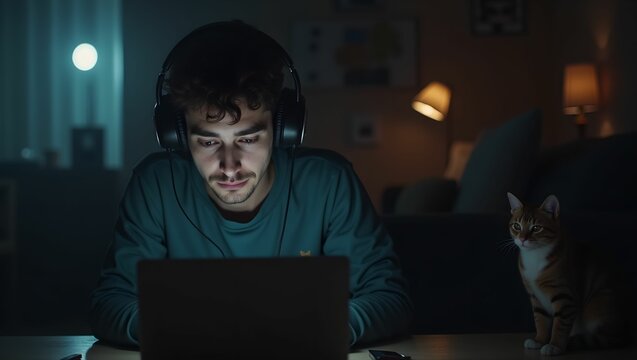 Young man focusing on laptop while sitting at home with cat  