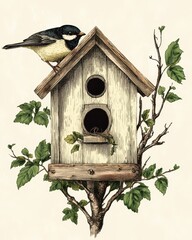 Birdhouse Illustration. Vintage Home for Birds in Retro Style